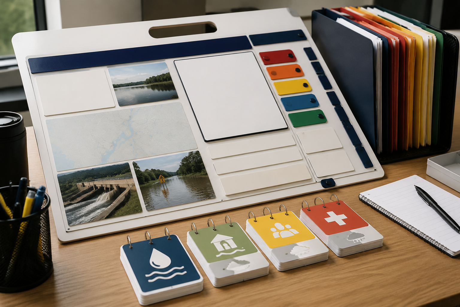Water incident handoff command board with observation cards and risk tabs