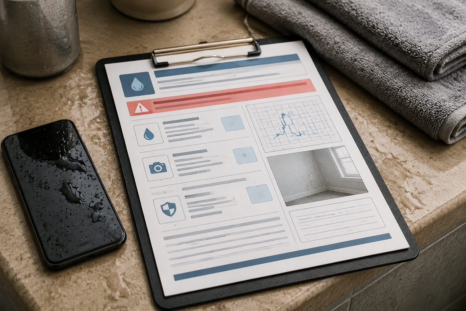 Professional water incident handoff card preview on a clipboard